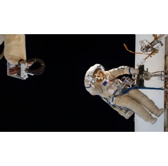 Expedition 70 Flight Engineer Nikolai Chub from Roscosmos is pictured during a spacewalk to inspect a backup radiator, deploy a nanosatellite, and install communications hardware on the International Space Station�s Nauka science module.