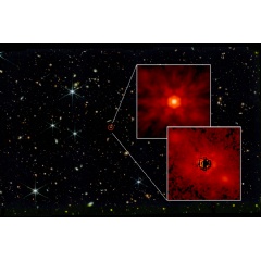 A James Webb Telescope image shows the J0148 quasar circled in red. Two insets show, on top, the central black hole, and on bottom, the stellar emission from the host galaxy.
Credits:
Image: Courtesy of the researchers; NASA