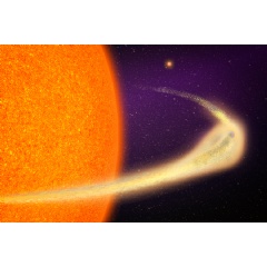 A disintegrating planet orbits a giant star. �The extent of the tail is gargantuan, stretching up to 9 million kilometers long,� says Marc Hon, a postdoc in MIT�s Kavli Institute for Astrophysics and Space Research.
Image: Jose-Luis Olivares,MIT