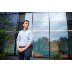 Nick Allen was part of the Graduate Housing Working Group, whose efforts helped spur MIT to build Graduate Junction, a new housing complex for 675 grad students on Vassar Street. Allen is pictured in front of Graduate Junction.
Credit: Bryce