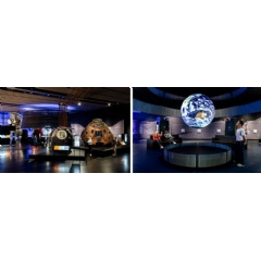 L-R: Visitors in the Space gallery at the Science Museum  Science Museum Group; Visitors looking at Science on a Sphere in the Space gallery at the Science Museum  Science Museum Group.