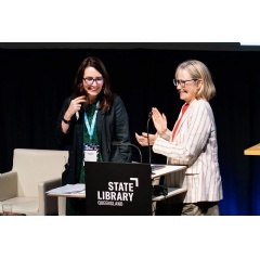 Image: Dr Belinda Burns and Jacqui Feeney (credit Amanda Gooch) at In the Frame: Screen Queensland Practitioners Forum 2025.