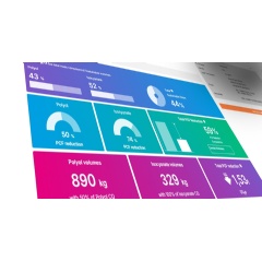 CQ-Configurator interface: Real-time visualization of CO₂ impact and sustainable material share for polyurethane foam applications. Shown values are simplified examples based on arbitrary data. � 2026 Covestro AG