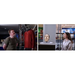 (Left) Visitor looks at Simon Pegg’s screen-used costume from Star Trek (2009) at the Science Museum. (Right) Visitor looks at the screen-used head of the B-4 android from Star Trek Nemesis at the Science Museum. © Science Museum Group.