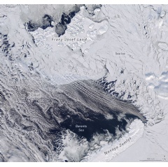 Thin, broken-up sea ice and areas of open water dominate the northern Barents Sea in this image acquired by the MODIS (Moderate Resolution Imaging Spectroradiometer) on NASA�s Terra satellite. NASA Earth Observatory image by Michala Garrison
