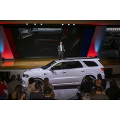 Matt McAlear, Dodge CEO, reveals the 2026 Dodge Durango America250 edition at the 2026 New York International Auto Show media preview.