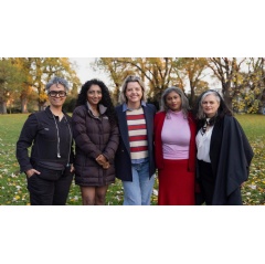 L-r: Director Fawzia Mirza, actor-screenwriter-producer Menik Gooneratne, VicScreen CEO Caroline Pitcher, author Su Dharmapala and producer Leanne Tonkes on the set of Written in the Stars. Photo by Sarah Enticknap.