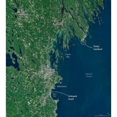 The stark contrast between the curved, sandy beaches south of Portland and the indented, rocky coastline to the northeast is clear in this image captured by the OLI (Operational Land Imager) on Landsat 9.
NASA Earth Observatory/Michala Garrison