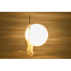 A SpaceX Falcon Heavy rocket with NASA’s Nancy Grace Roman Telescope on board is seen transiting the sun during launch from Launch Complex 39A, Sunday, Aug. 30, 2026, at NASA’s Kennedy Space Center in Florida.
NASA/John Kraus