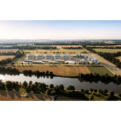 Blue Energy prefabricates large nuclear plant components at shipyards then transports them by barge for final assembly on-site. A rendering shows a proposed power plant in Victoria, Texas.
Credit: Courtesy of Blue Energy