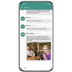 A conversation between care staff and family the first night for a new resident in senior living.