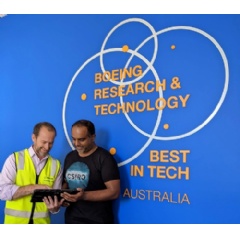David Pook, BR&T-A Melbourne Centre Manager, and Shravan Singh, CSIRO Senior Technical Adviser to Boeing, celebrate the announcement at the BAA Port Melbourne site (Boeing Photo)