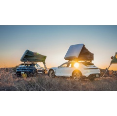 Taycan Turbo Cross Turismo, Taycan Turbo S Cross Turismo, Glamping Experience L.A., 2022, Porsche AG (see complete caption below)