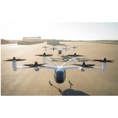 Joby�s production prototype eVTOL aircraft at the company�s pilot manufacturing facility in Marina, California, with the company�s pre-production prototype behind it. Joby Aviation image