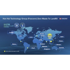 Caption: Hon Hai Technology Group (Foxconn) Zero Waste To Landfill certificate map marks the locations of the 23 platinum-level and 2 gold-level UL2799 around the world. Below is the list of legal entities holding certificates