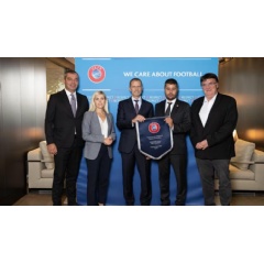 From left: UEFA national associations director Zoran Lakovic, HFF general secretary Domna Tsioni, UEFA president Aleksander Čeferin, HFF president Makis Gkagatsis, UEFA general secretary Theodore Theodoridis