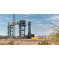 Launch of Blue Origin’s New Shepard suborbital rocket system on Feb. 4, 2025. During the flight test, the capsule at the top detached from the booster and spun at approximately 11 rpm to simulate lunar gravity for the NASA-supported payloads inside.