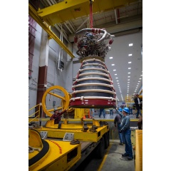 
Teams at NASA�s Stennis Space Center deliver, lift, and install the first new production RS-25 engine on the Fred Haise Test Stand on Feb. 18.
NASA/Danny Nowlin