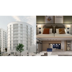 Left: Rendering of the exterior of voco Nantes. Top right: Image of a guestroom at voco Bilbao  City. Bottom right: Rendering of the lobby at voco Antalya  Konyaaltı.