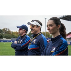 Brendan Hunt, Jason Sudeikis and Tanya Reynolds in �Ted Lasso� season four, premiering Wednesday, August 5 on Apple TV.