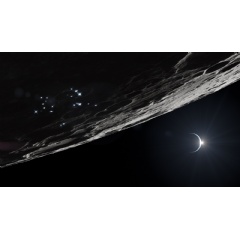 Artist�s rendering of the Moon�s South Pole region. Glowing points of light scattered across the lunar surface represent surface assets supporting sustained human and robotic operations near the South Pole.
Credit: NASA
