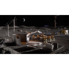Artistic concept of lunar surface technologies and infrastructure capabilities, including in-situ resource utilization oxygen production systems, surface power systems, in‑space manufacturing tools, and advanced nanomaterials production. 