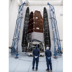 NASA�s Nancy Grace Roman Space Telescope is encapsulated within the payload fairing at the agency�s Kennedy Space Center in Florida, ahead of mating to a SpaceX Falcon Heavy rocket for launch.
Credit: NASA/Sydney Rohde (Rocz)