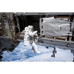 ESA astronaut Sophie Adenot is tethered to the International Space Station during a spacewalk on Aug. 25, 2026, to install a high-speed space-to-ground antenna on the Z1 truss segment above the Unity module.
NASA/Anil Menon