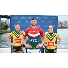 Pictured (from left): Rugby league players Jessica Sergis (Australia), Alex Twal (Lebanon) and Keilee Joseph (Australia), ahead of Rugby League World Cup 2026.