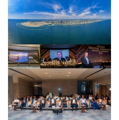 Panoramic view of Port City Colombo, venue of the Asian Digital Finance Forum & Awards 2025 (top); keynote speakers Dr. S. S. Sritharan, Prof. Douglas Arner, and Sharhan Muhseen (centre); and forum participants (bottom).